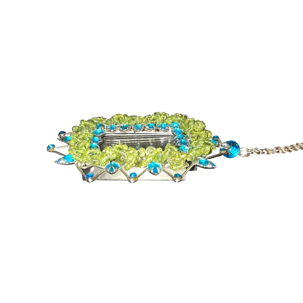 Pier 1 Photo Frame Ornament OS Green‎ Blue Beaded Jeweled Sunburst 6.5